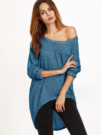 Blue One Shoulder Dip Hem T-shirt