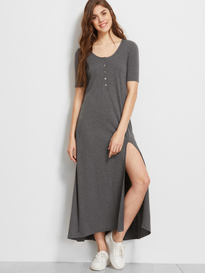 Robe boutonné devant fente longue -gris bruyère