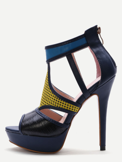 Multicolor Patchwork Leather Peep Toe Heeled Sandals