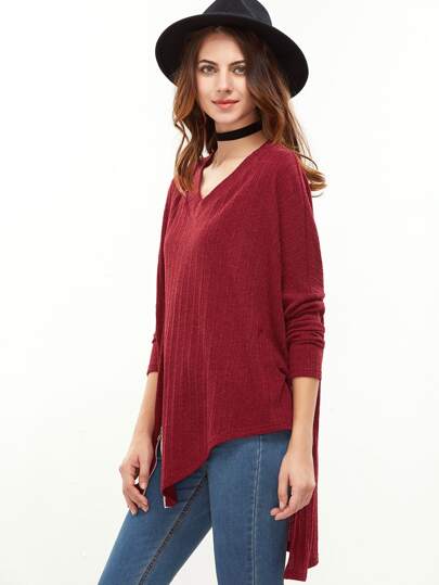 Camiseta de punto escote V con hombro caído y abertura lateral - rojo