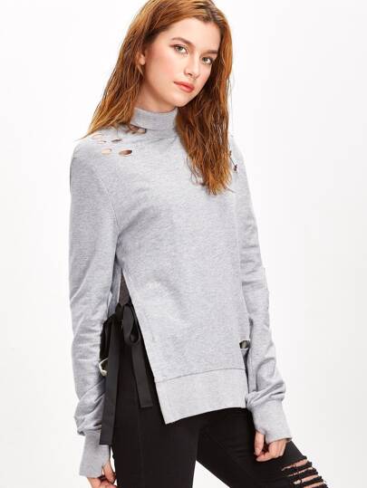 Heather Grey Turtleneck Bow Tie Split Side Distressed Sweatshirt