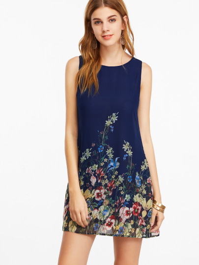 Navy Buttoned Keyhole Back Flower Print Sleeveless Dress