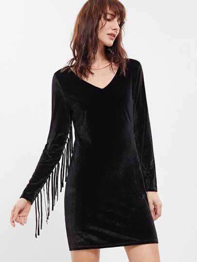 Vestido manga larga flecos -negro