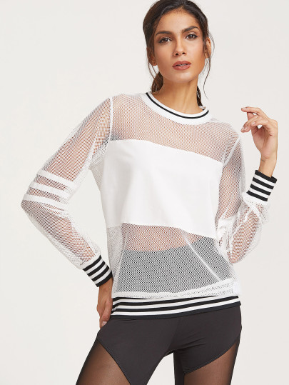 Striped Trim Fishnet Sweatshirt
