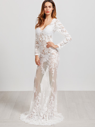 Vestido con cuello en V con bordado de malla transparente maxi - blanco
