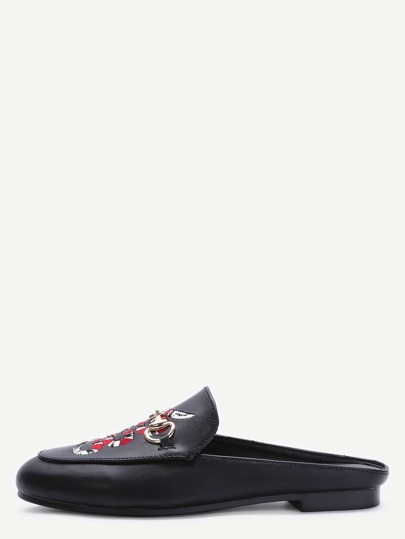 Pantuflas de cuero sintético con bordado de serpiente - negro
