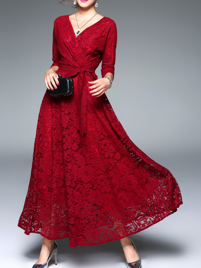 Vestido con cuello en V cintura con cordón - rojo