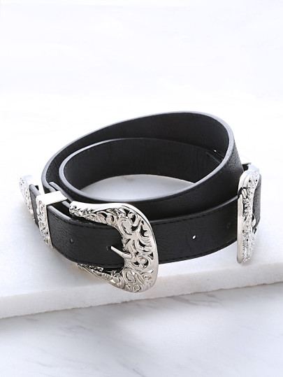 Black Double Vintage Carved Buckle Faux Leather Belt