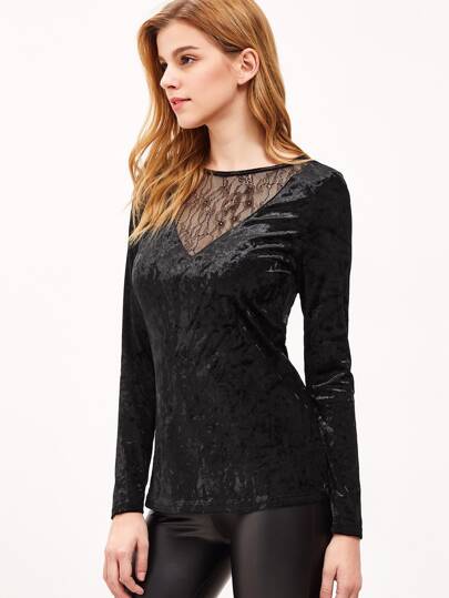 Top de terciopelo escote V con aplicación de encaje - negro