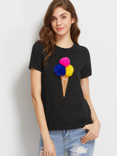 Sequined Pom Pom Ice Cream T-shirt