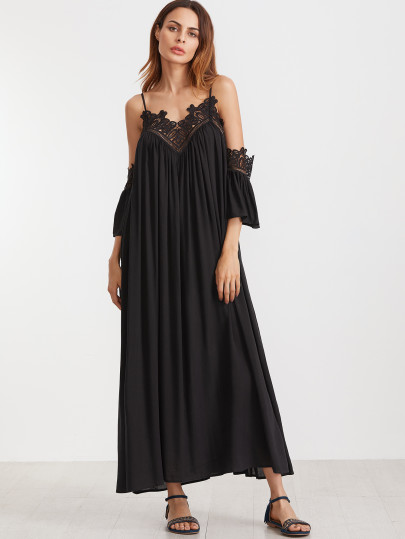 Robe à l'épaule fendue plissée en dentelle élancé -noir