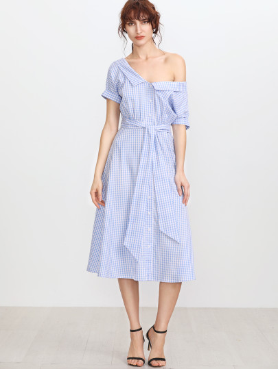 Blue Gingham - Kleid mit doppeltem V-Ausschnitt