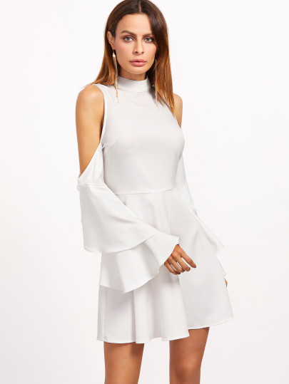 Vestito Maniche Increspate A Strati Spalle Fredde - Bianco