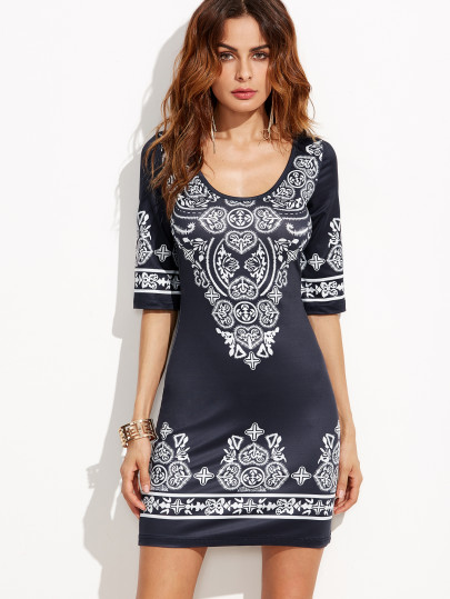 U Neck Vintage Print Bodycon Dress