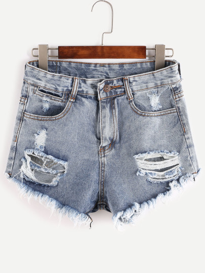 Bleached Raw Hem Destroyed Denim Shorts