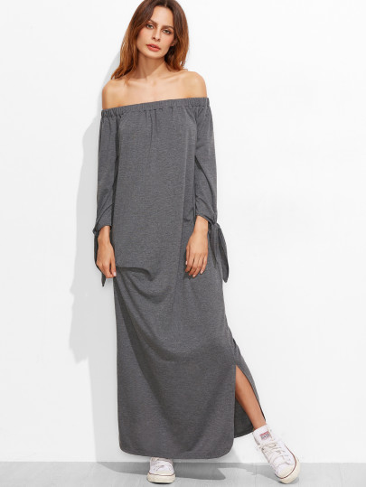 Robe à col bateau manche cravaté fente sur côté -gris bruyère