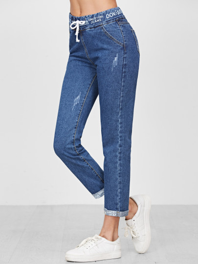 Jeans avec cordon sur taille avec tape détail poigneté -bleu