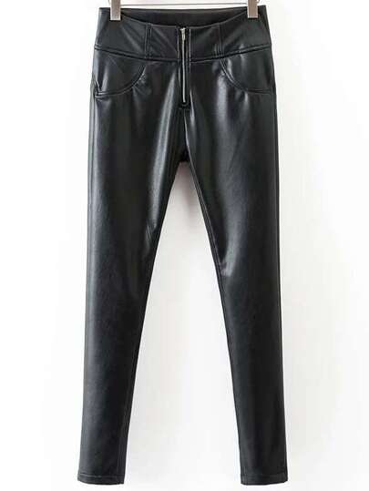 Black Zipper Fly Skinny PU Pants