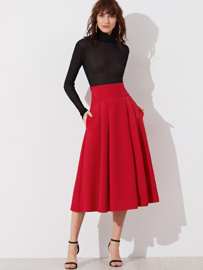 Wide Waistband Side Zip Box Pleated Midi Skirt
