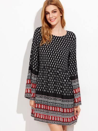Black Ornate Print Bell Sleeve A Line Dress