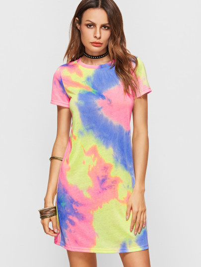Multicolor Pastel Tie Dye Print Tee Dress