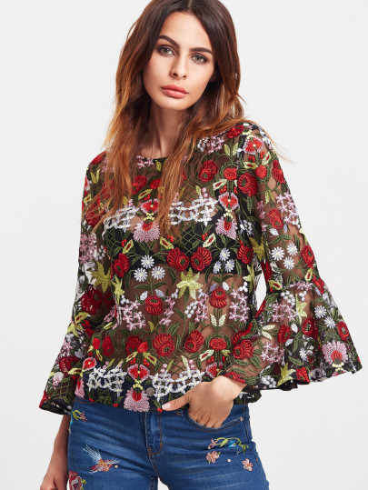 Top de malla con manga acampanada y bordado floral - multicolor
