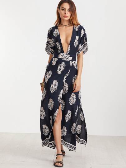 Vestito Avvolto Kimono Aperto Indietro Stampa Vintage - Marino