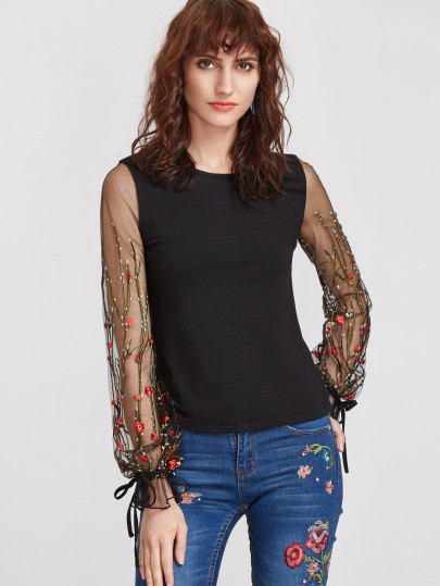 T-shirt brodé de maille sur manches -noir