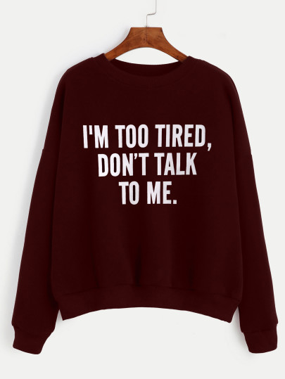 Burgundy Letter Print Drop Shoulder Seam Sweatshirt