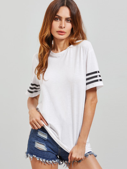 T-Shirt Maniche Corte A Strisce Spalle Scoperte - Bianco