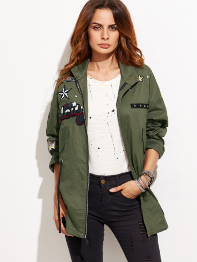 Manteau manche longue avec pièces brodées - vert kaki