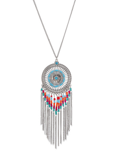 Collier bohomienne gland élancé rond pendentif -argenté