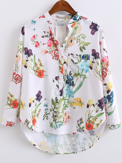 Botanical Print Half Placket High Low Blouse