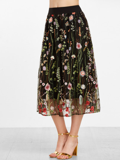 Floral Embroidered Mesh Overlay Tea Length Skirt