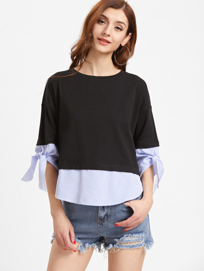T-Shirt 2 In 1 Nodo Su Maniche Rifilato Strisce - Nero Contrasto