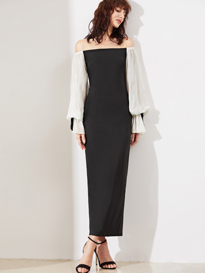 Vestido manga bishop con hombros al aire - negro
