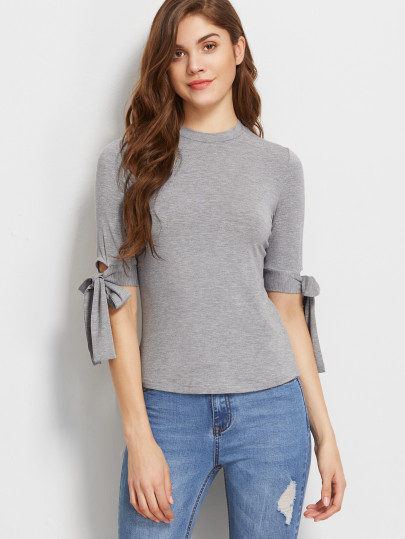 T-Shirt Sottile Maniche Con Nodo - Grigio