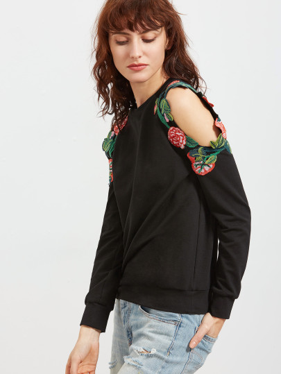 Embroidered Flower Applique Open Shoulder Sweatshirt