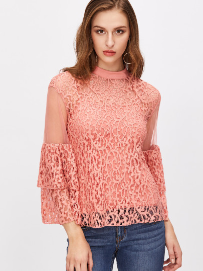 Layered Bell Sleeve Sheer Lace Top With Cami