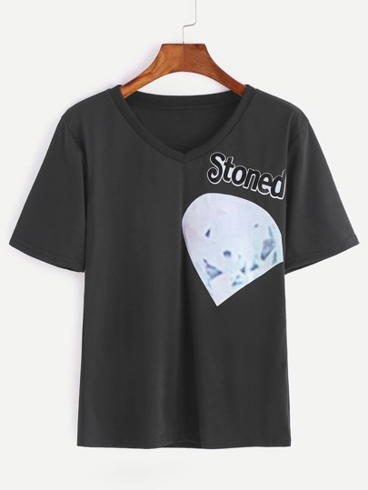 T-shirt noir à manches courtes imprimé