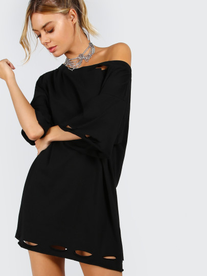 One Shoulder Distressed Tee Dress