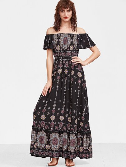 Vestito Con Orlo Maniche Increspate Spalle Scoperte Stampa Fiore - Nero