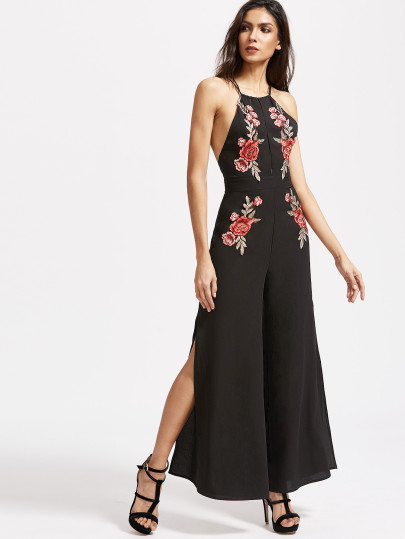 Noir brodé Rose Applique Split Front Crisscross Back Jumpsuit