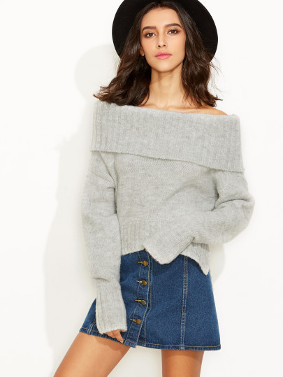 Grey Fold Over Off The Shoulder Slit Sweater