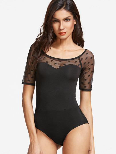 Body con escote en forma de corazón de malla y lunares - negro