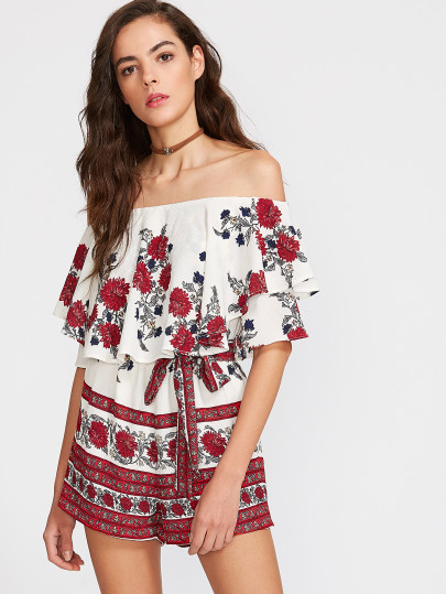 Mono floral con hombros al aire de volantes y lazo - multicolor