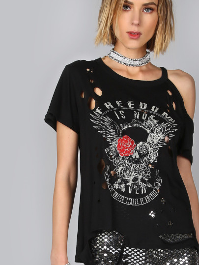 Camiseta rota con estampado - negro