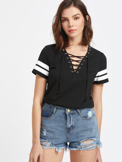 Lace Up Striped Sleeve Dolphin Hem Tee