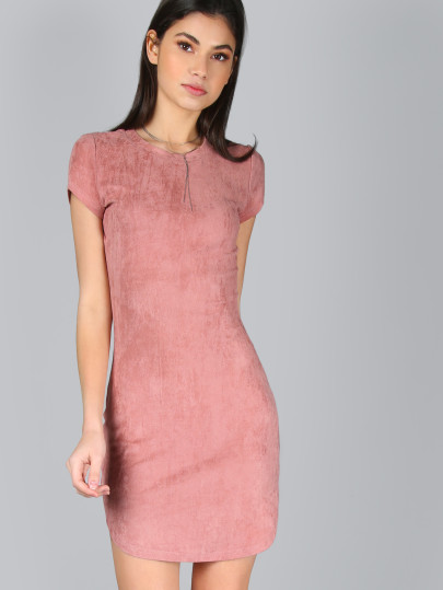 Vestito Bodycon Con Orlo Curvato Maniche Corte - Rosa