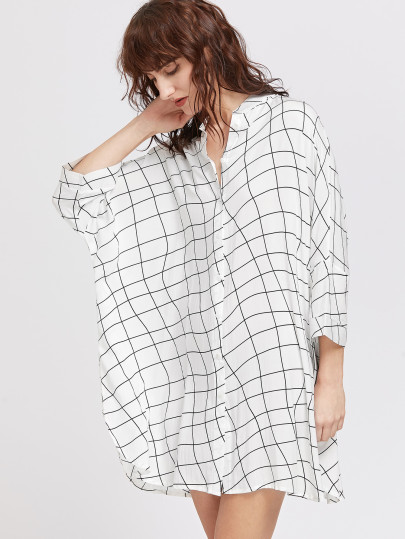Curved Grid Dolman Sleeve Shirt Dress